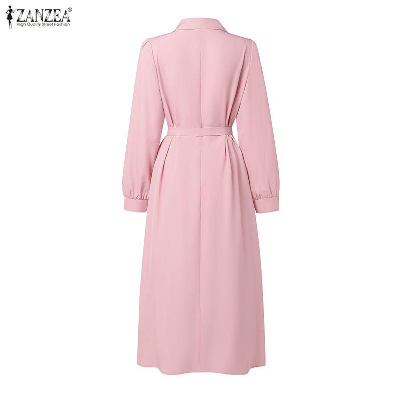 ZANZEA Women Casual Turn Down Collar Solid Color Long Sleeve Loose Dress