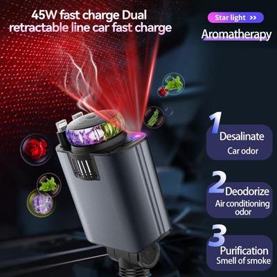 Aromaterapili Geri Çekilebilir Araç Şarj Cihazı 180 Derece Ayarlanabilir Tasarım Evrensel 5'i 1 Arada USB-C Araç Şarj Cihazı Uçucu Yağ Difüzörü Araç Aksesuarları