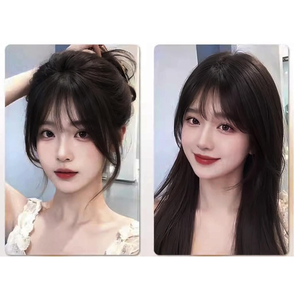 Human Bangs Natural Brown Middle Part Wispy Bang Hair Clip In Bangs Fringe Hairpiece for Women Clip On Air Bang