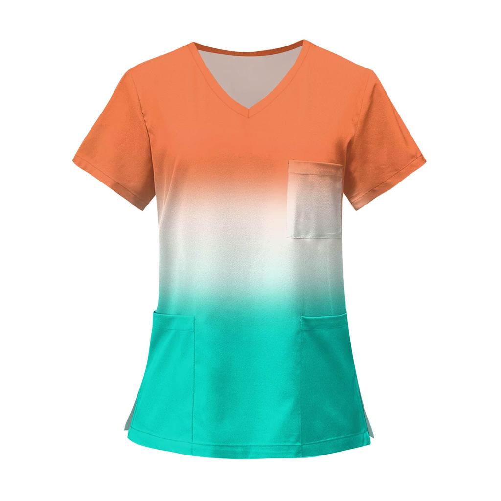 Women's Fashion Printed Short Sleeve V Neck Pattern Tops Pocket Working T-shirts