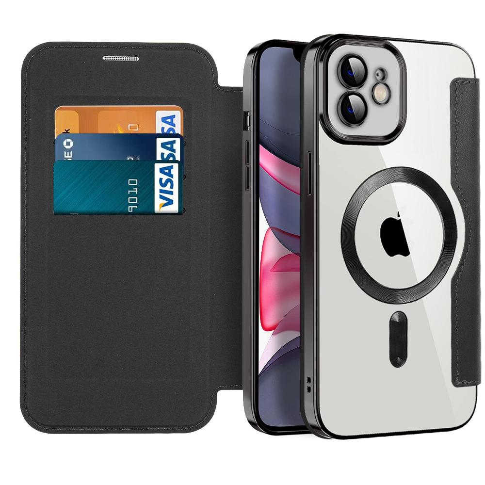 

For iPhone 11 6.1 inch Compatible with MagSafe RFID Blocking Card Slots Anti-drop PU Leather+TPU Electroplating Clear Back Flip Case with Lens Film Baby Blue