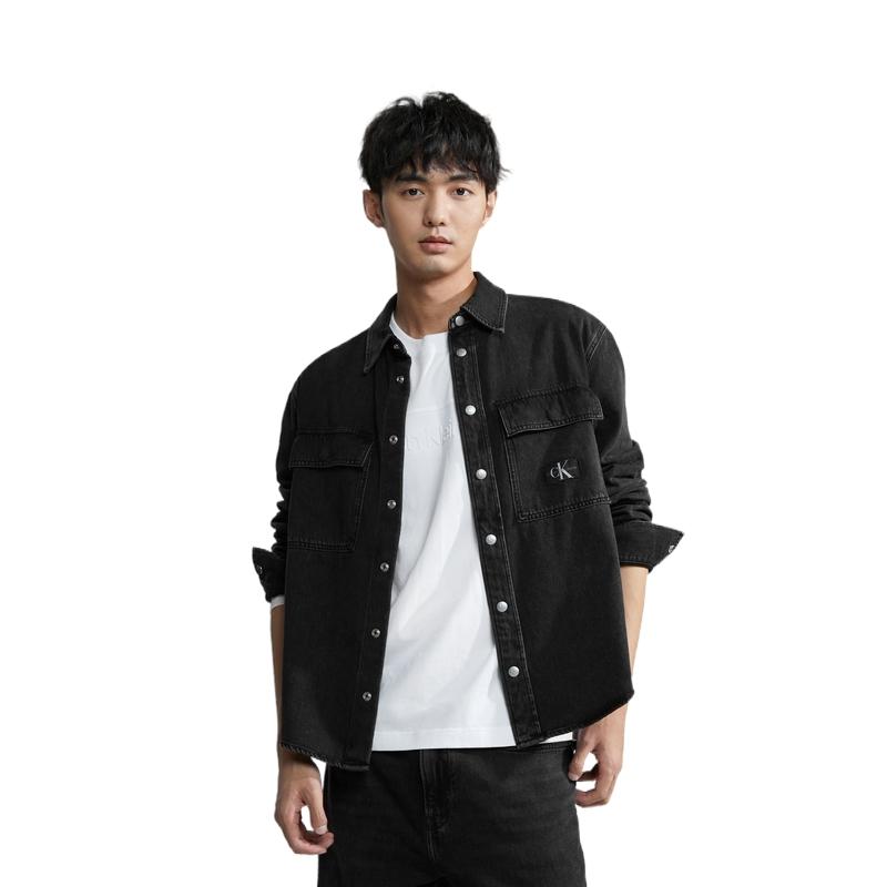 Calvin Klein Casual Fabric Label Patch Pocket Solid Color Single-Breasted Long Sleeve Shirt Men shirts Black J325544