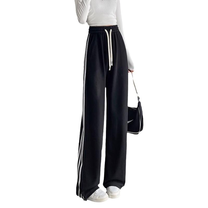 Women's High-Waist Drawstring Wide-Leg Sweatpants, Grey Fleece-Lined with Three Stripes - Spring, Autumn, & Winter Casual Floor-Length Draping Style.
