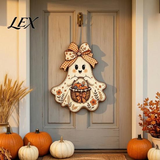 Retro Floral Ghost Decoration Cute Bow Hanging Sign, Rustic Door Sign with Pumpkin Pastoral Autumn Hanger Basket, Vintage Halloween Wooden Pendant for