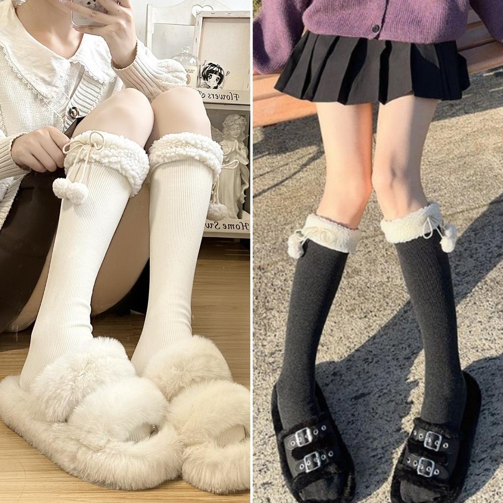 Hairball Plush Lolita Knee Socks Children Autumn And Winter Long Tube Thickened Japanese Jk Lolita White Calf Socks