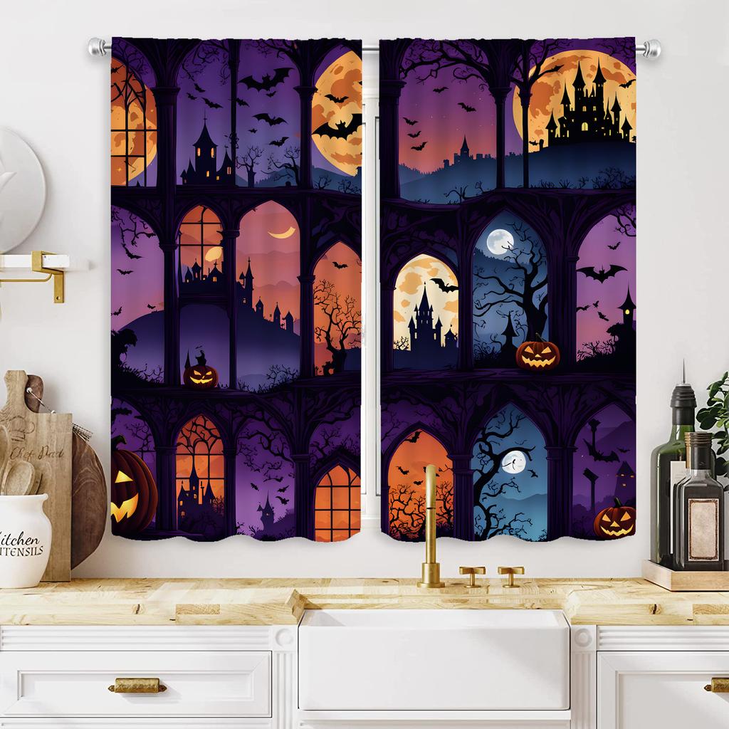 2pcs HD Halloween Night Jack-o '-lantern Castle Decoration Curtains Purple Tie Digital Printed Curtains Home Decoration Style