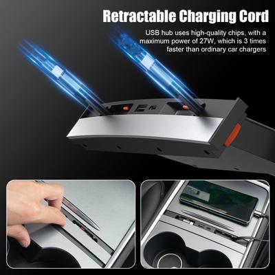 Dokovací stanice do auta se 4 rozhraními pro rychlé nabíjení Design zatahovacího kabelu 27W Rychlá nabíječka do auta Vodotěsný USB hub pro Tesla Model 3/Y