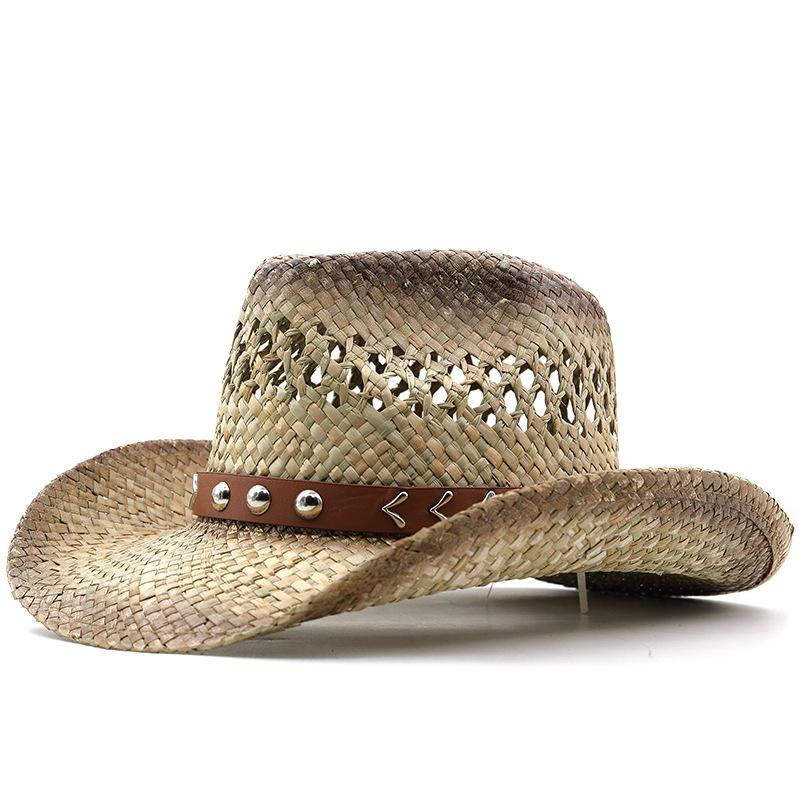 Pălărie de cowboy occidental din paie cu boruri largi protecție solară de vară respirabilă retro curea reglabilă exterior casual unisex boho