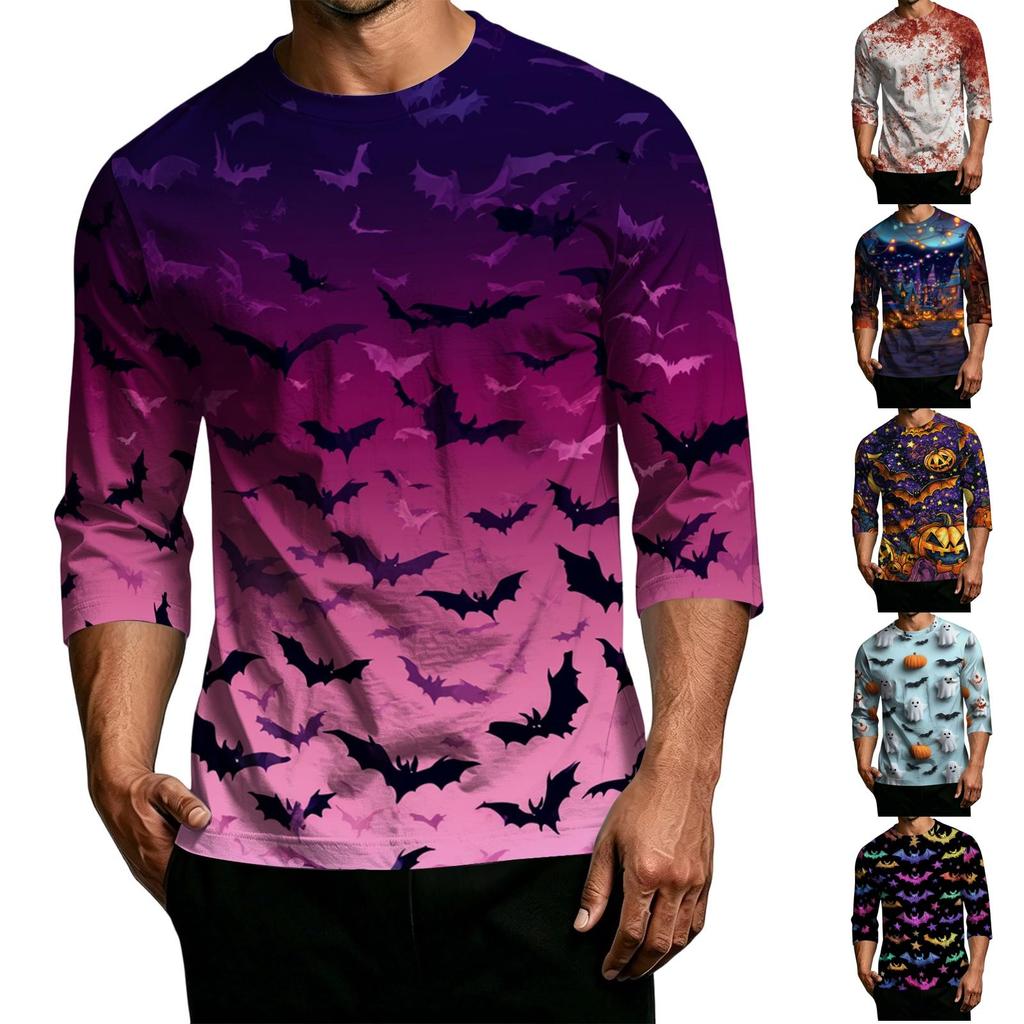 Men's Casual Halloween Print Crew Neck T Shirt Three Quarter Sleeve Relaxed Fit Top with Shoulder Seam Design for Everyday Wear