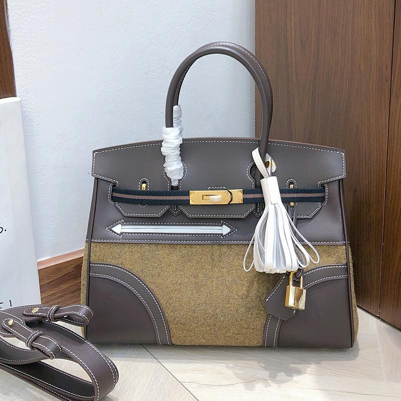 Haute Couture Version First Layer Swift Cowhide Splicing Felt, Contrasting Leather Handheld Women's Bag Shoulder Messenger Bag