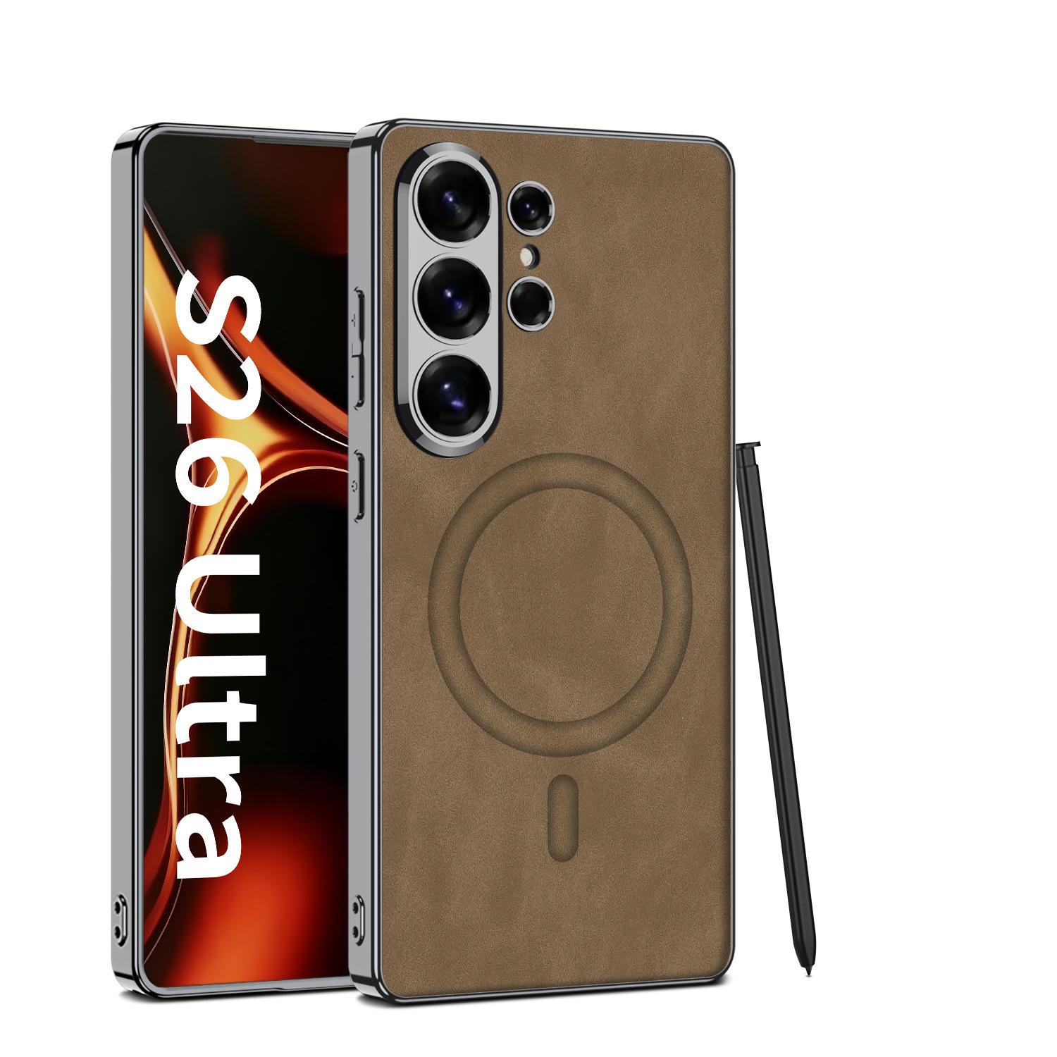 Samsung S26ultra Mobile Phone Case Magnetic Wireless Charging Mobile Phone Case Light Luxury Solid Color Magsafe Leather Case SM-S26Ultra