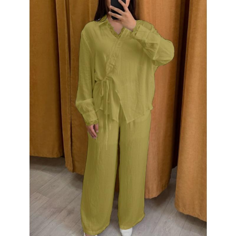 QICED Damen Mode Lässig Herbst Winter Langarm V-Ausschnitt Hosenanzüge