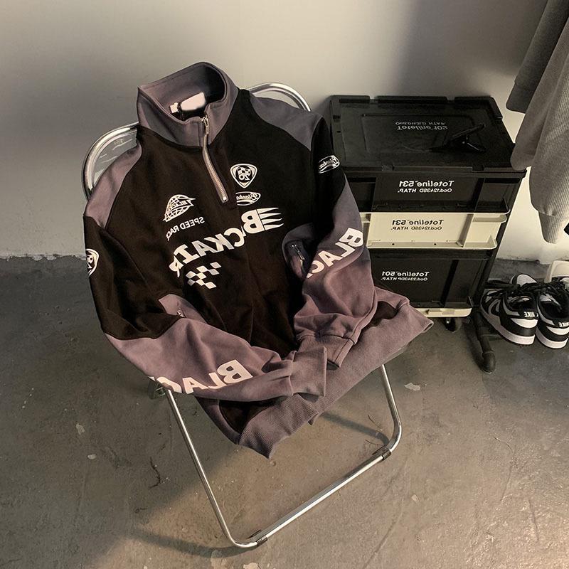 Unisex Retro Racing Half-Zip Sweatshirt: Trendy Streetwear Motorcycle Jacket for Spring & Autumn