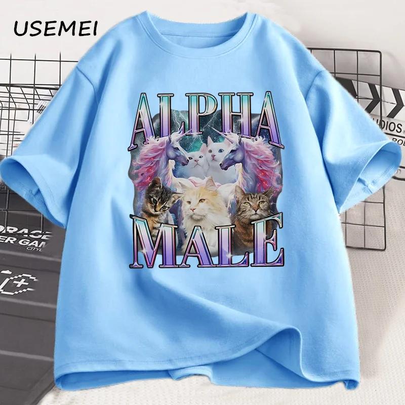 Alpha Male Unicorn Cat T-Shirt Men Ironic 90s Vintage Funny Rainbow Meme Tee Shirt Weird Cat T Shirt Casual Cotton Clothes