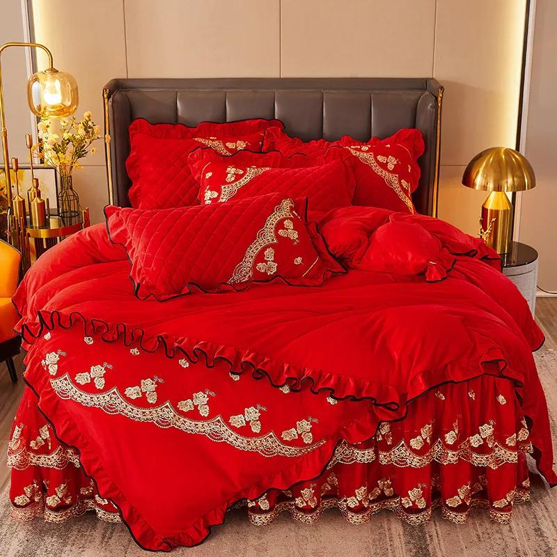 AI WINSURE-French 4pcs Bedding Set, Velvet Duvet Cover, Lace Bedspread, Queen Double King Size, Luxury, Soft Thick, for Winter