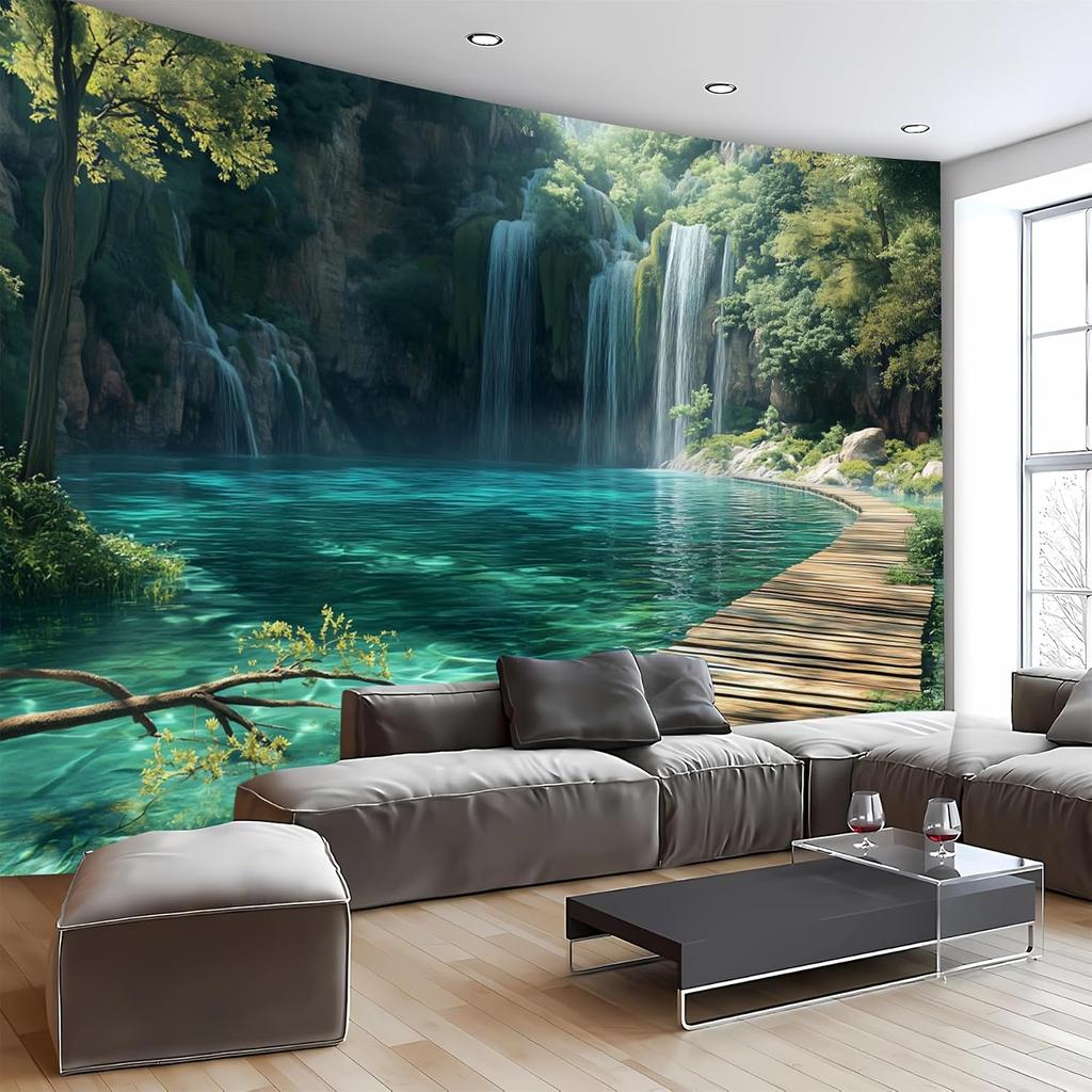 Waterfall Turquoise Lake Wall Mural Green Jungle Wooden Nature Scenery Wallpaper