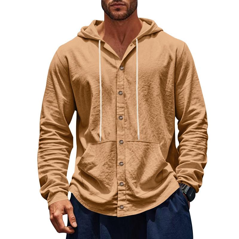 

Spring Autumn Loose Men s Shirt Loose Linen Casual Simple Hooded Long Sleeve Lining Single Breasted Button S охра