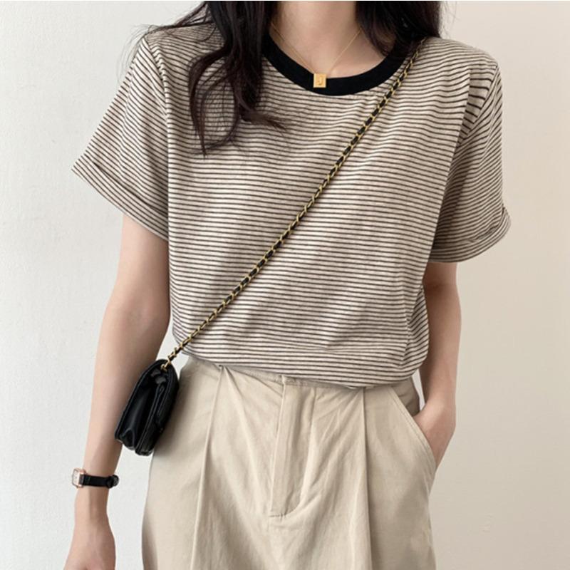 Striped T-shirt Short-sleeved Women's Summer Clothing New Round Neck Loose and Careful Machine Foreign Style Simple Student Top