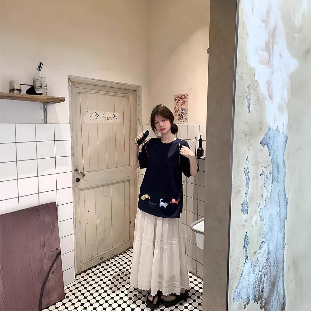 Cotton Short-sleeved T-shirt Women's Loose Cartoon Lazy Style Niche Design Sense Versatile Half-sleeved Trendy T-shirt Top Summer