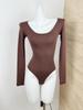 In Stock: Sexy Skin-Friendly Nude Cotton U-Neck Long Sleeve Bodysuit - Slimming Fit
