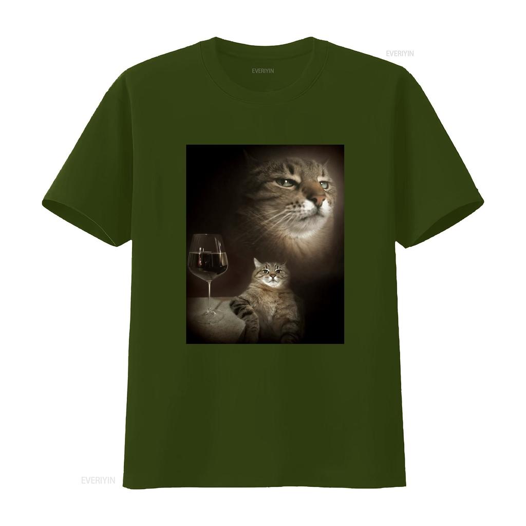 Funny Cat and Wine Art Print T Shirt for Lovers vintage Washed Comfortable streetwear fashion Soft Stretched Casual