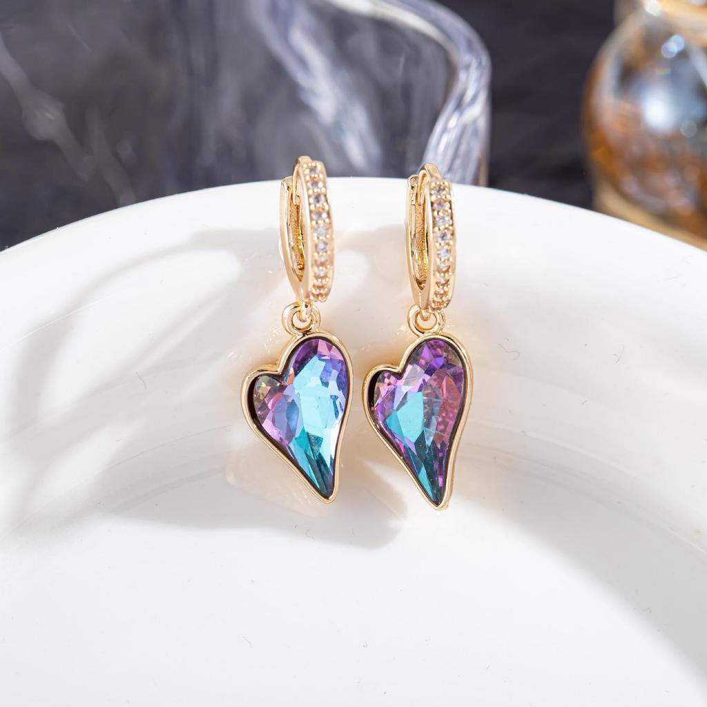 High-End European & American Zircon Heart Earrings – Colorful, Elegant Hoops, Clips & Dangles for Women