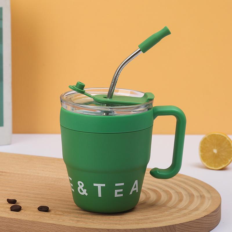 Premium Insulated Stainless Steel Straw Mug with Handle and Lid