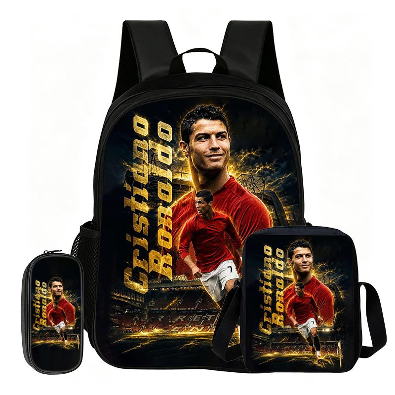 Ronaldo Student 3Pcs Set Backpack Kids School Shoulder Bag,Pencil Bags,Football Sport Bookbag Football Star Rucksack