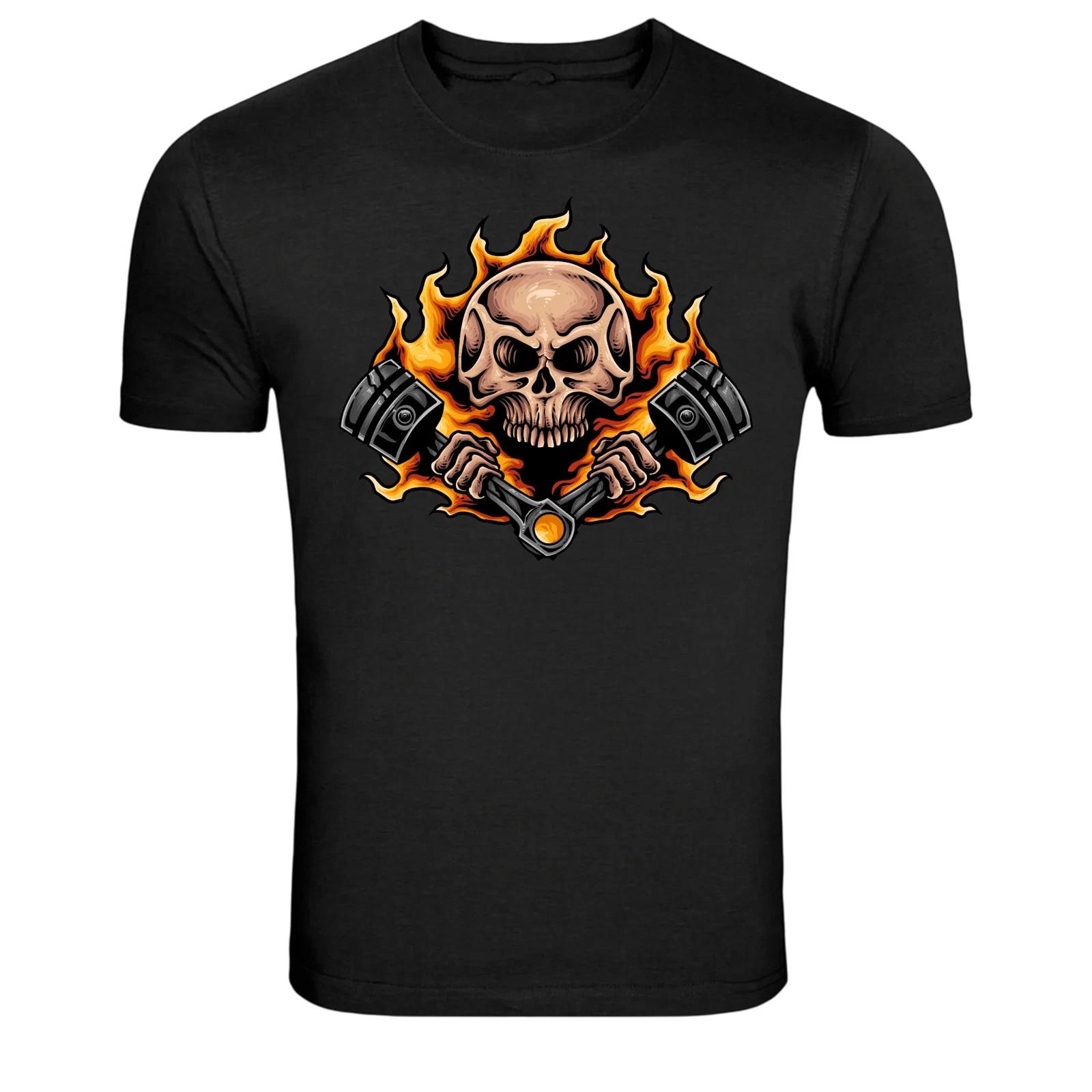 Flaming Skull Engine Pistons Mechanic Graphic T-Shirt S