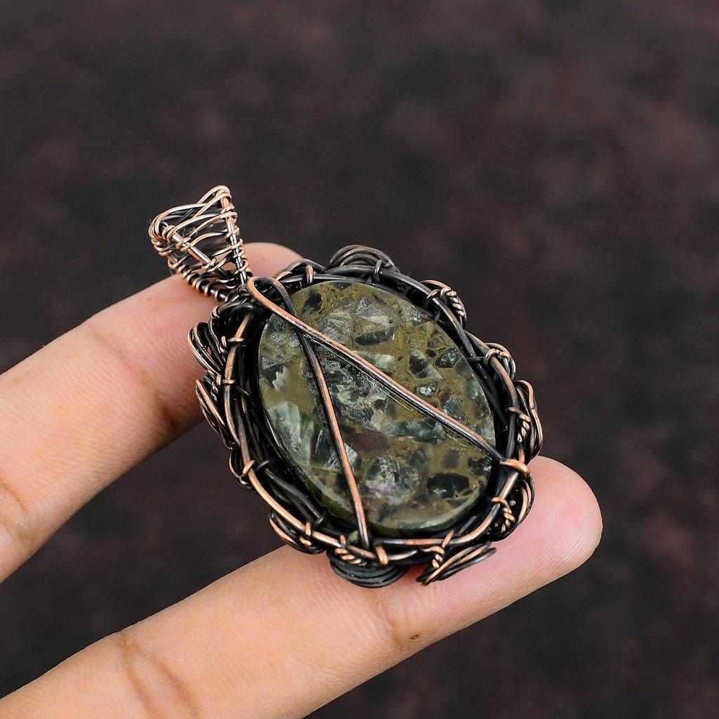 Copper Seraphinite Pendant Copper Wire Wrapped Jewelry Gemstone Copper Pendant Wire Wrapped Pendant Handmade Brand New Jewelry Gift For Him