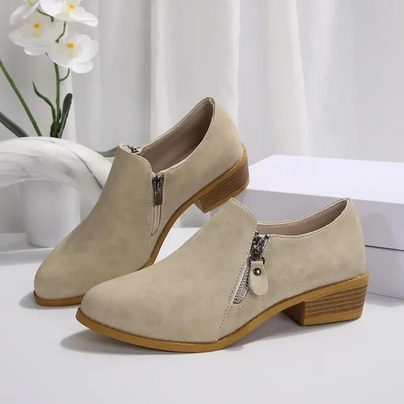 Fashion 2024 Fashionwomens Shoes Zipper Design Springandautumnnew Style Pointed Toe Solid Color Mid-heel Casual Large Size Women's Shoes