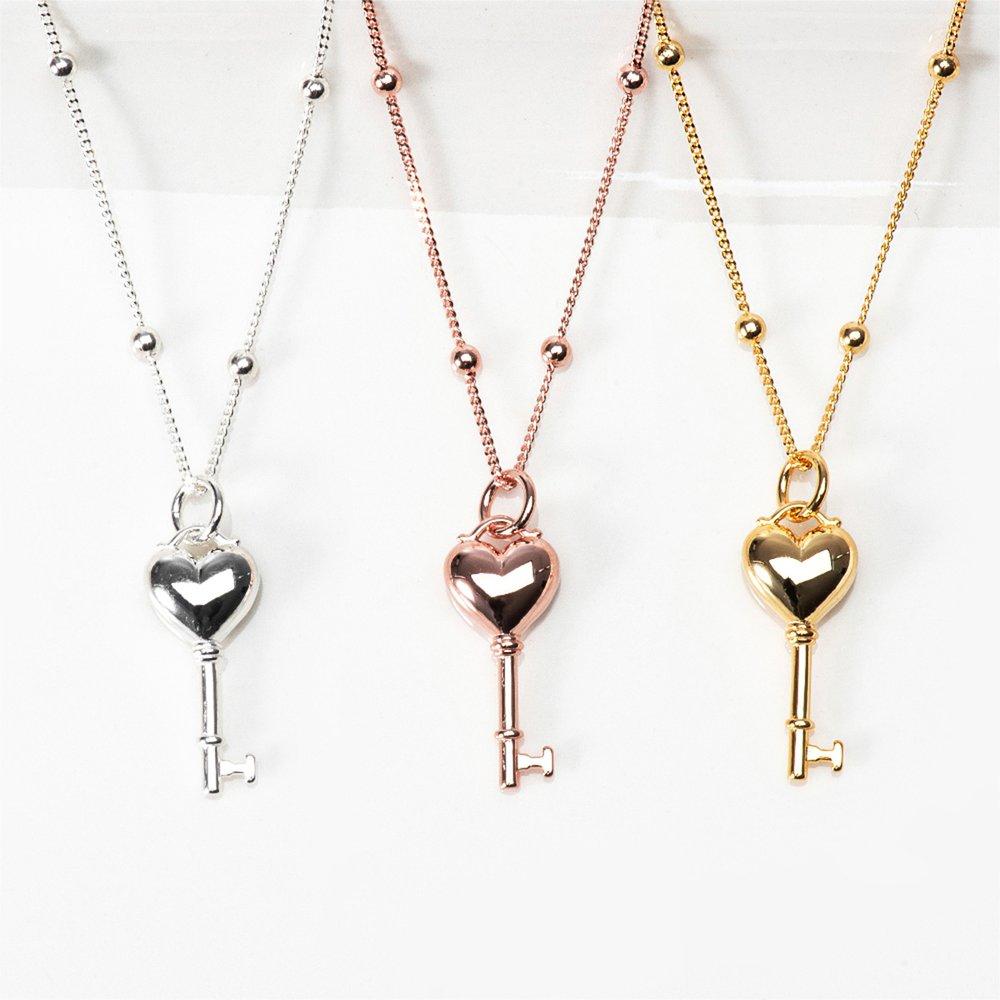 Heart Key Ball Chain Silver Necklace