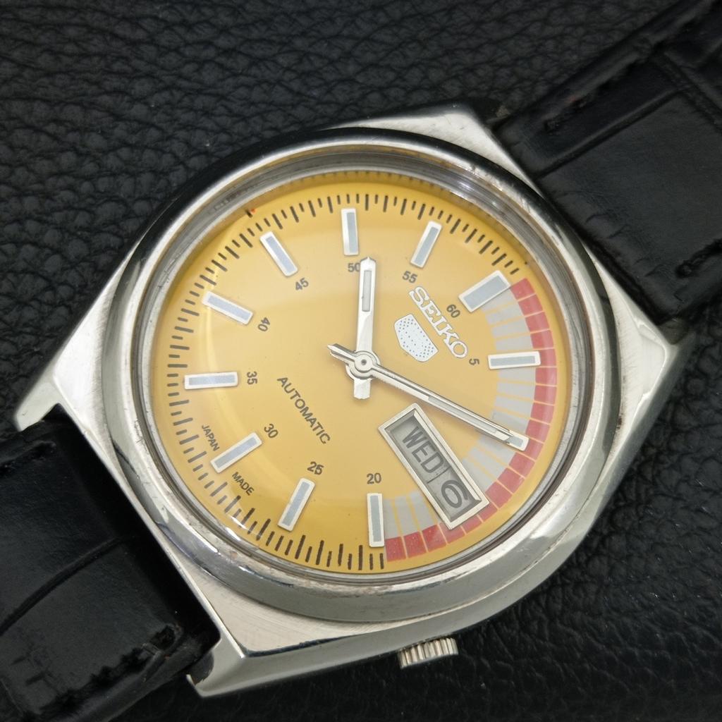 VINTAGE SEIKO 5 AUTOMATIC 7019A JAPAN MENS YELLOW COLOR DIAL WATCH a708558-1
