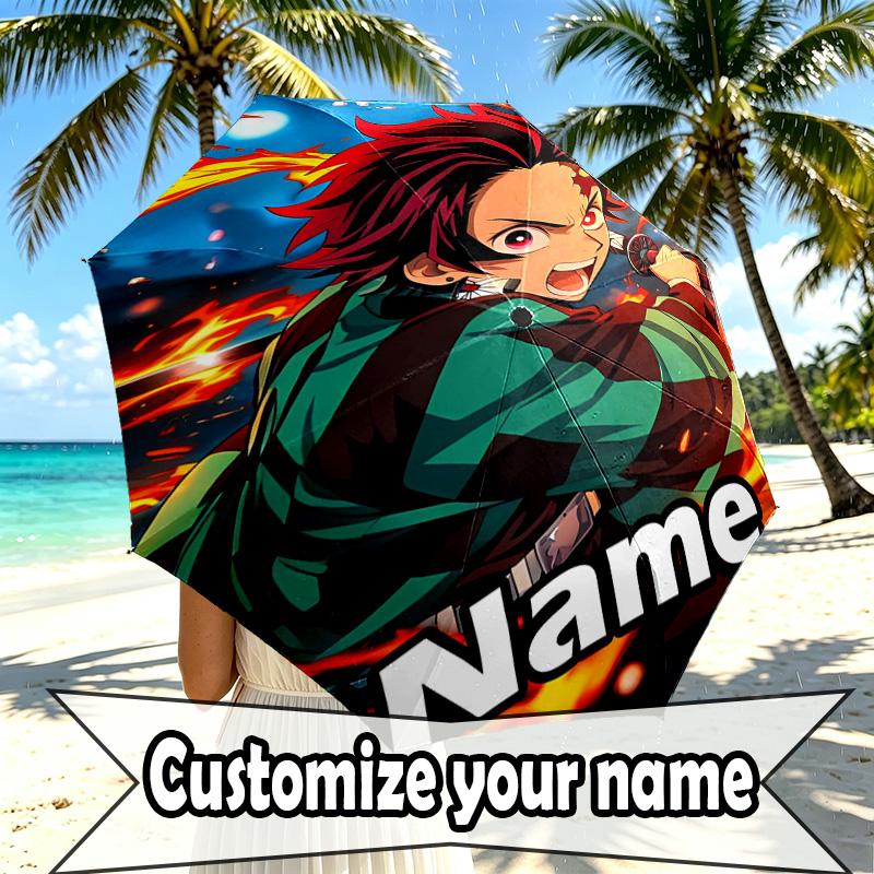 Custom Name Personalized Demon Slayer Print Umbrella, Auto Open Close, 8‑Rib Sturdy Frame, Commute Camping Hiking Use, Birthday Gift