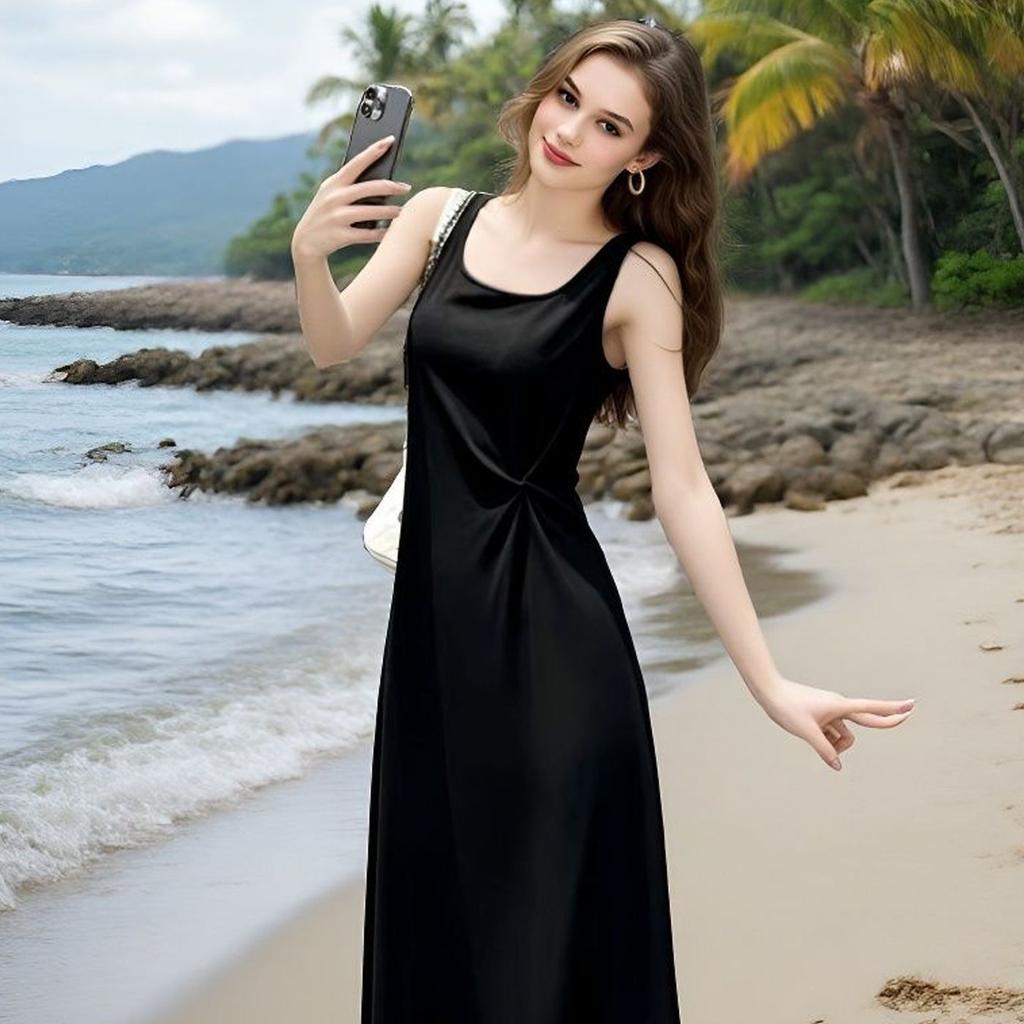 Sleeveless Camisole Dress for Women, New Summer Outerwear, Concealing Flesh, Slimming Knit Base Line, Black A-line Skirt, Plus Size