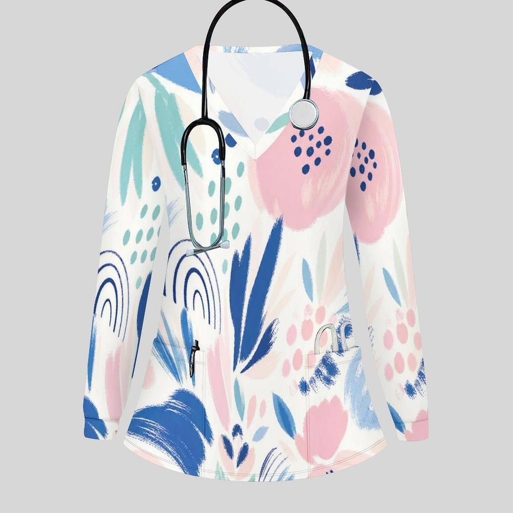 Women Plus Size Printed V Neck Long Sleeve Nurse Scrub Top With Front Pockets