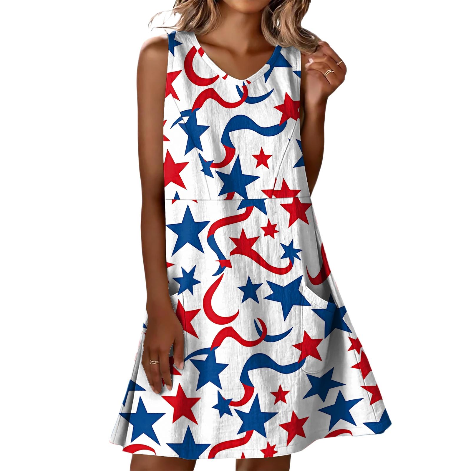 

Patriotic Dress for Women Sleeveless Flag Dress for Women Summer Loose Fit 4Th Of July Dresses for Women Casual Style Red White Blue Dre S