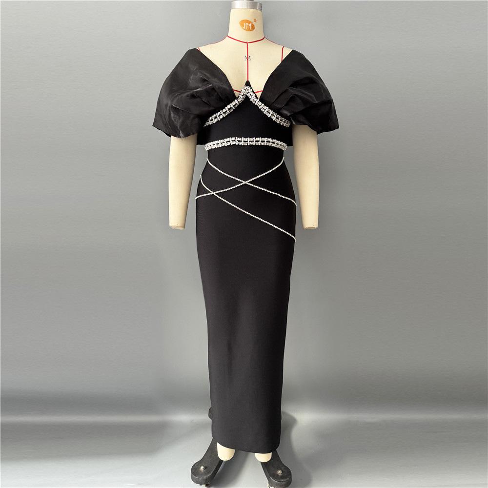 European & American Handmade Rhinestone V-Neck Bandage Patchwork Party Gown