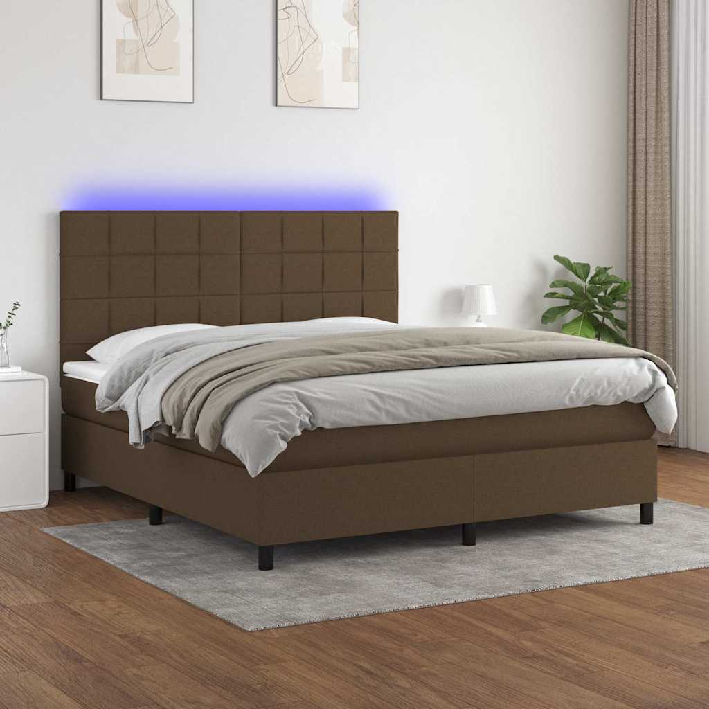 Box Spring Bed with Mattress & LED Dark Brown 160x200 cm Fabric