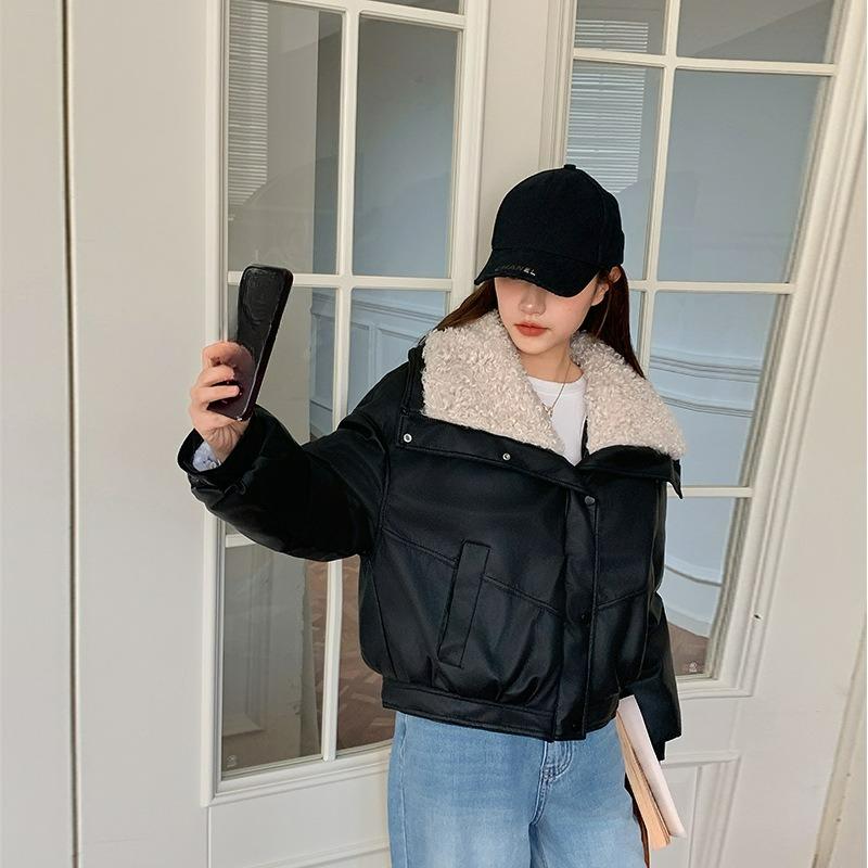 All-match Lambskin Cotton-padded Jacket Women's Short Lamb Wool Down Cotton-padded Jacket Winter Fur Collar Cotton-padded Jacket