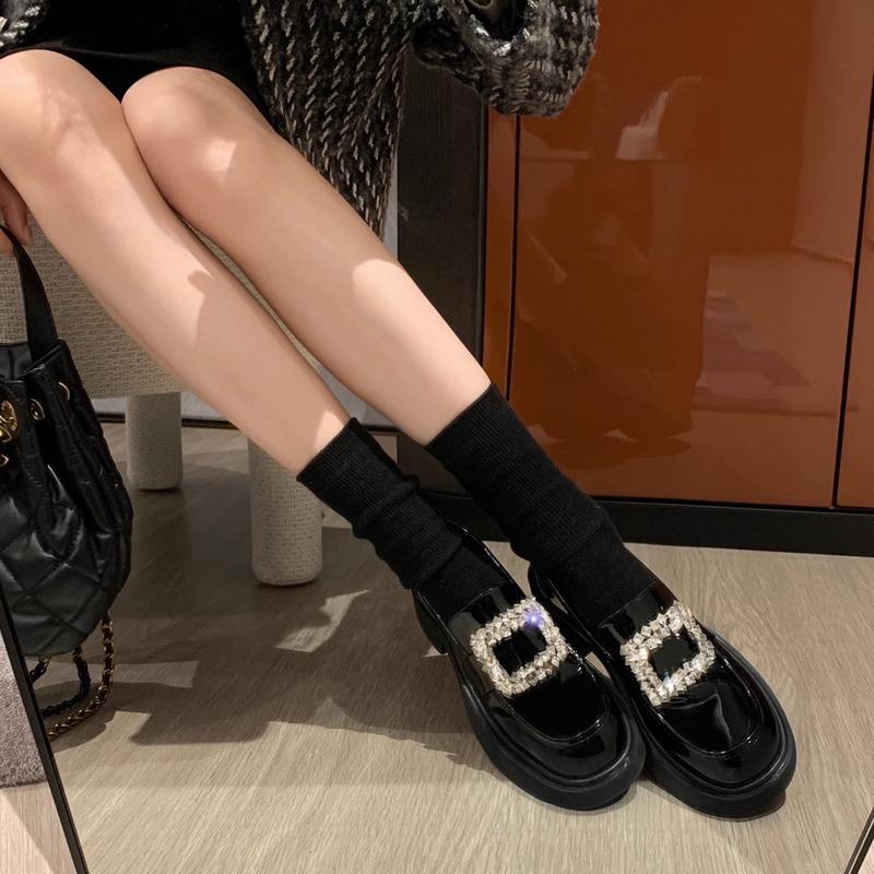 Women Loafers Round Head Rhinestone Square Buckle Thick Bottom Soft Sole Single Shoes Small Leather Shoes