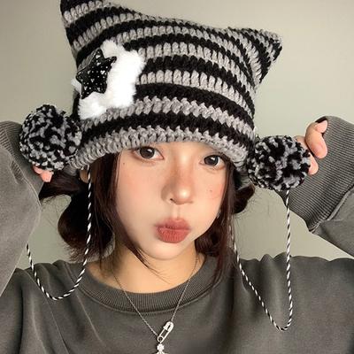 Y2K Carino Star Devil Cappello Beanie Lavorato a Maglia Ins Skullies Berretto di Lana a Maglia a Righe Autunno Inverno Orecchie di Gatto Pullover a Punta Cappelli da Donna