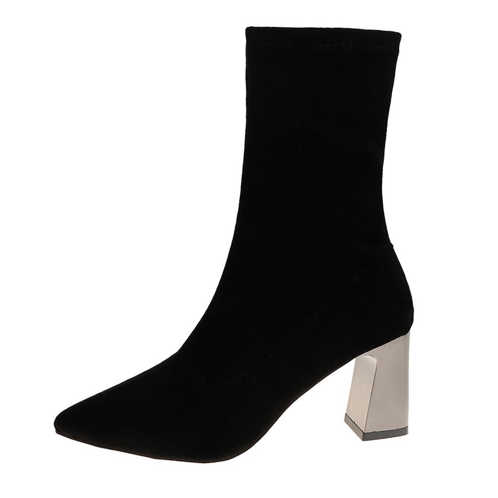 Wildleder spitze hochhackige Mode-Stiefel Damen Winter neu dünn Retro Übergröße Ärmel elastische dünne Stiefel