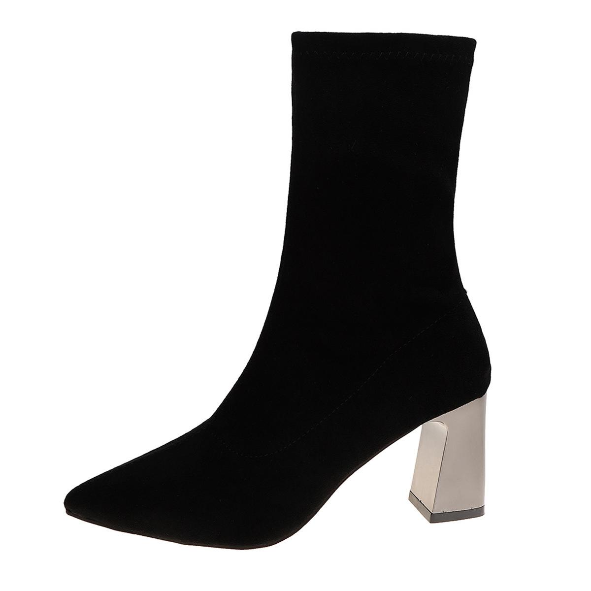 

Замшевые остроносые модные ботильоны на высоком каблуке женские зимние новые тонкие ретро больших размеров с эластичным голенищем 43 чёрный