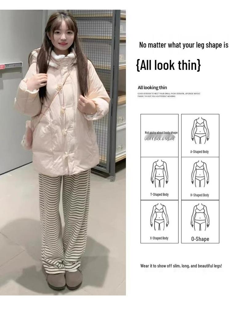 Lazy Style Black & White Striped Fleece-Lined Wide-Leg Pants: Petite-Figure Flattering, Autumn/Winter Casual Floor-Length Design