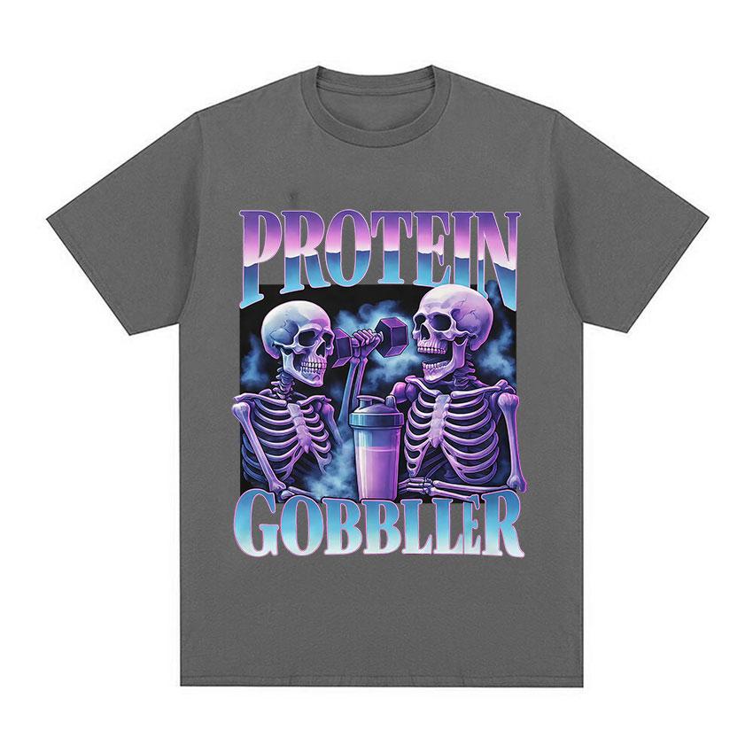 Protein Gobbler Gym TShirt Funny Skeleton Fitness Weightlifting Meme Graphic TShirt Unisex Women Fashion High Quality Cotton Tees
