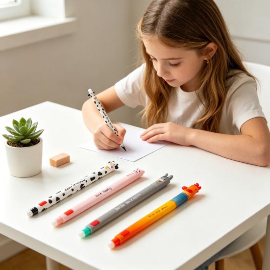 Radierbare Gelstifte mit Bauernhoftiermotiven für Kinder – Niedliche Cartoon-Designs: Kuh, Truthahn, Esel, Schwein – Schreibt sanft und ist leicht zu radieren – Spaß an der Schule