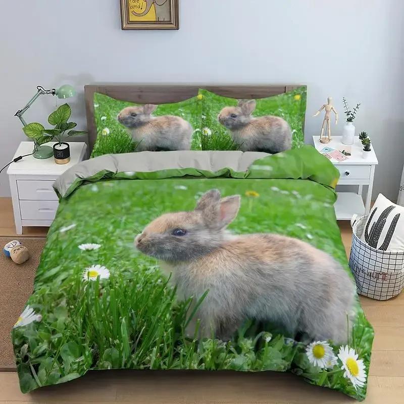 Cartoon Rabbit King Queen Duvet Cover Pet Animal Carrot Bedding Set for Kids Easter Theme Bule Polyester Quilt Cover
