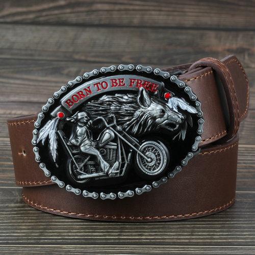 

Motorcycle and Wolf Buckle Fashion Decorative Belt for Man Western Style 125cm