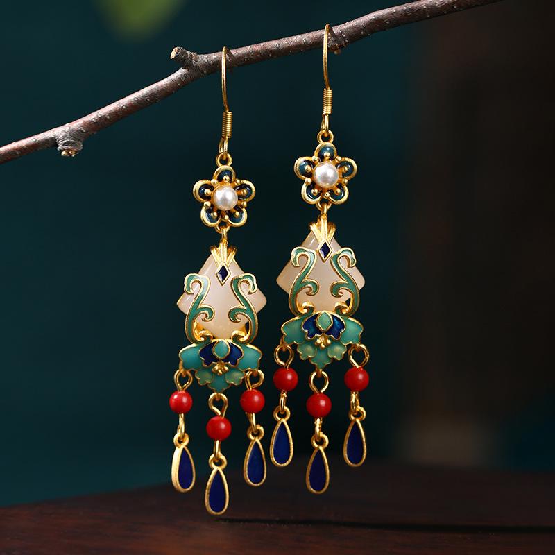 

Chinese Style Gold-Plated Cloisonné Enamel Imitation Jade Tassel Earrings Recommended by Xiaohongshu Blogger 24K Gold-Plated Craft